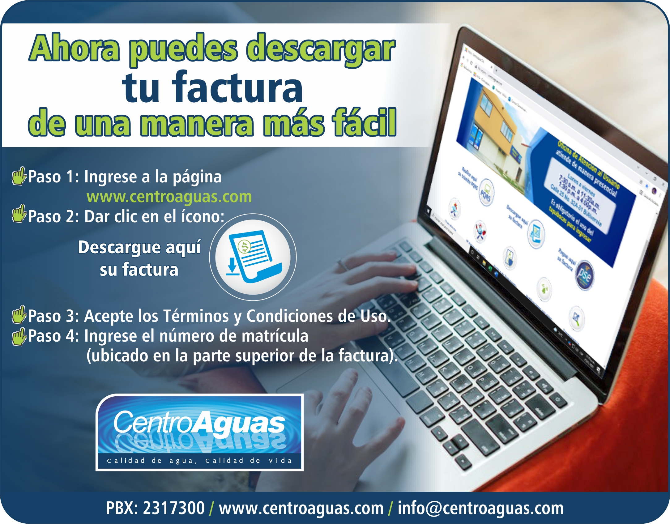 Imagen informando sobre ícono para descargar de manera fácil la factura en la página web de centroaguas