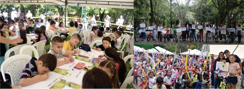 Collage de fotos de los niños pintando, haciendo recreación y en la entrega de premios 