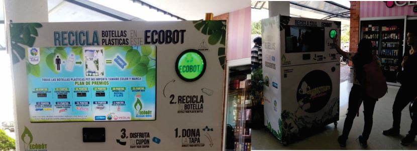 Dos fotografías del ecobot en el centro comercial 