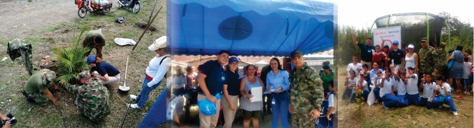 Tres fotografías donde se ve a personal de la empresa realizando la siembra de plantulas, entregando premios a usuarios y compartiendo con la comunidad 