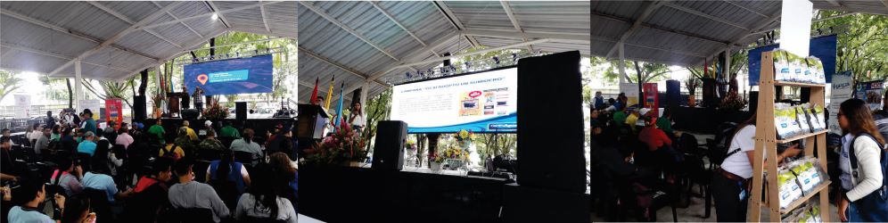 Diseños con tres fotografías donde se muestra a los asistentes al foro, lapresentación del personal de la empresa y la entrega de Agrocen a los participantes