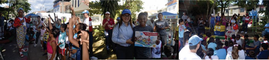 niños y adultos compartiendo de actividades durante la entrega del parque en la comunidad el descanso tres fotografías donde se ven a los niños y adultos compartiendo de actividades durante la entrega del parque