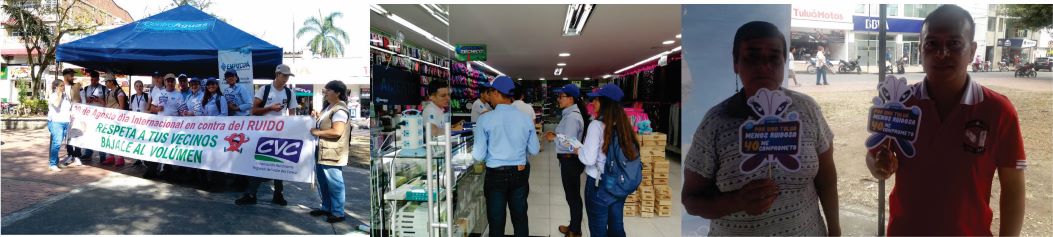 actividad en el que se muestra el stand en el parque, la visita a los locales y usuarios con mensajes alusivos a la contaminación del ruido Tres fotografías dela actividad en el que se muestra el stand en el parque, la visita a los locales y usuarios con mensajes alusivos a la contaminación del ruido