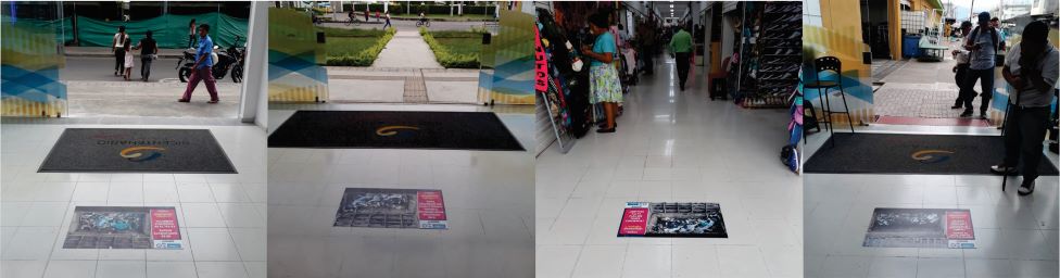 muestran los adhesivos de los sumideros colapsados que fueron instalados en diferentes pasillos del centro comercial Bicentenario Plaza Diseño de cuatro fotografías que muestran los adhesivos de lossumideros colapsados que fueron instalados en diferentes pasillos del centro comercial Bicentenario Plaza