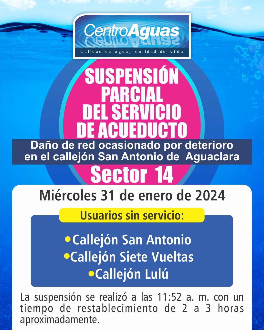 Suspensión parcial del servicio de acueducto del sector 14