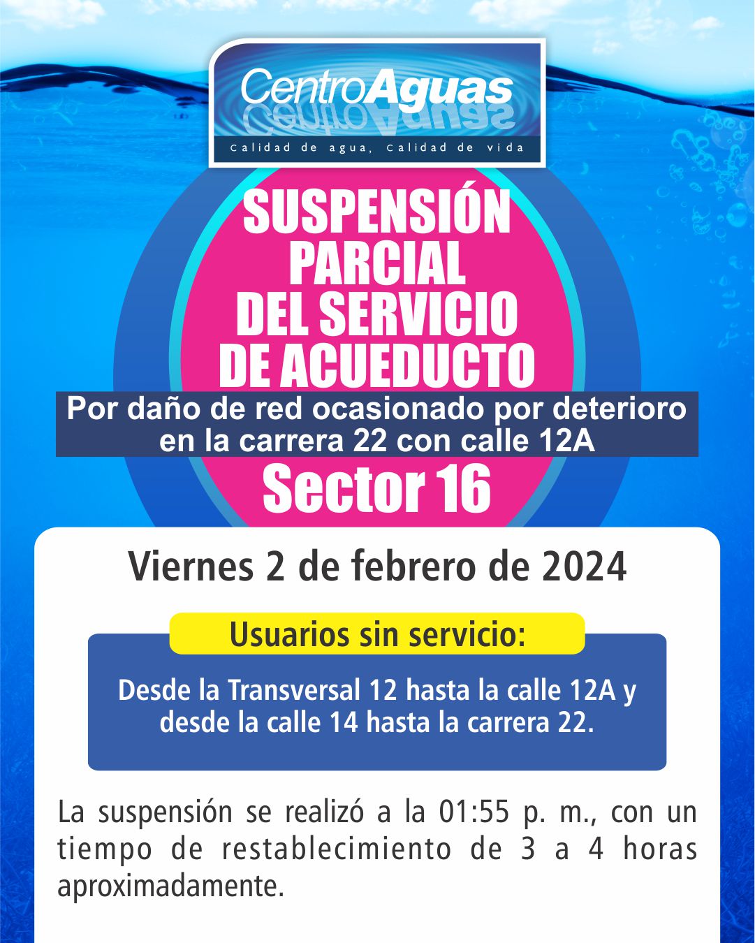 Suspensión parcial del servicio de acueducto del sector 16