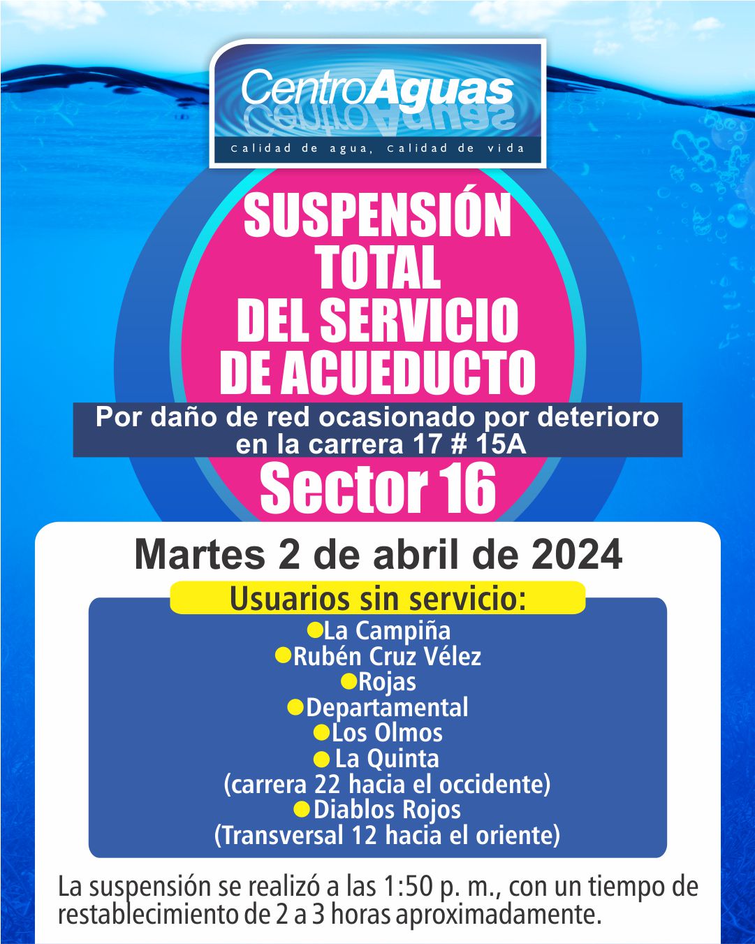 Suspensión total del servicio de acueducto del sector 16