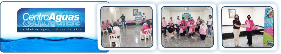 Diseño con tres fotografías de la actividad en la que se puede ver al personal de la empresa reunida con las mujeres de unicancer y haciendo entrega de obsequios 