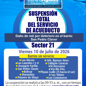 Suspensión total del servicio en el sector 21 por daño 