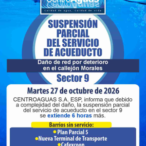 Se extiende suspensión parcial del servicio de acueducto del sector 9