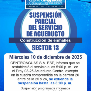 Se extiende suspensión parcial del servicio de acueducto del sector 13