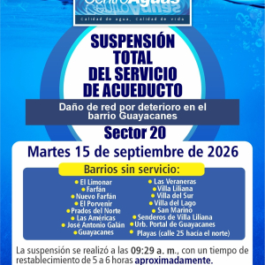 Suspensión total del servicio de acueducto del sector 20