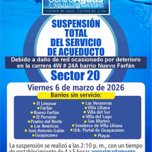Suspensión total del servicio de acueducto del sector 20