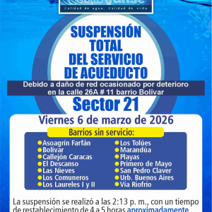 Suspensión total del servicio de acueducto del sector 21 