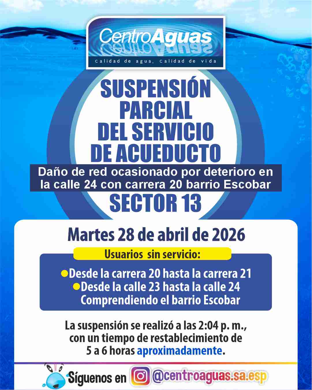 Suspensión parcial del servicio de acueducto del sector 13