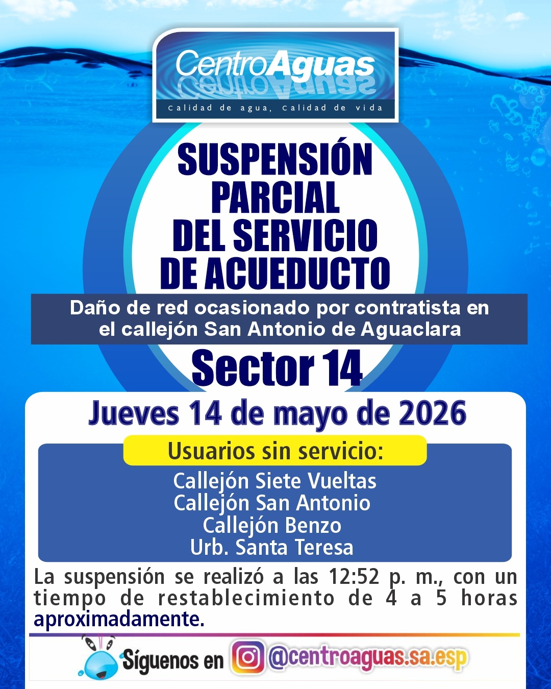 Suspensión parcial del servicio de acueducto del sector 14