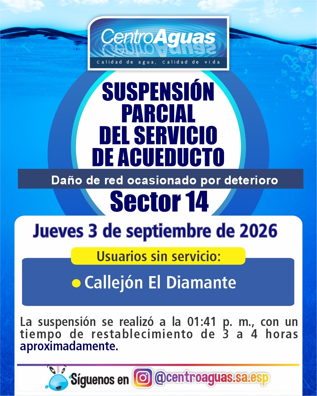 Suspensión parcial del servicio de acueducto del sector 14