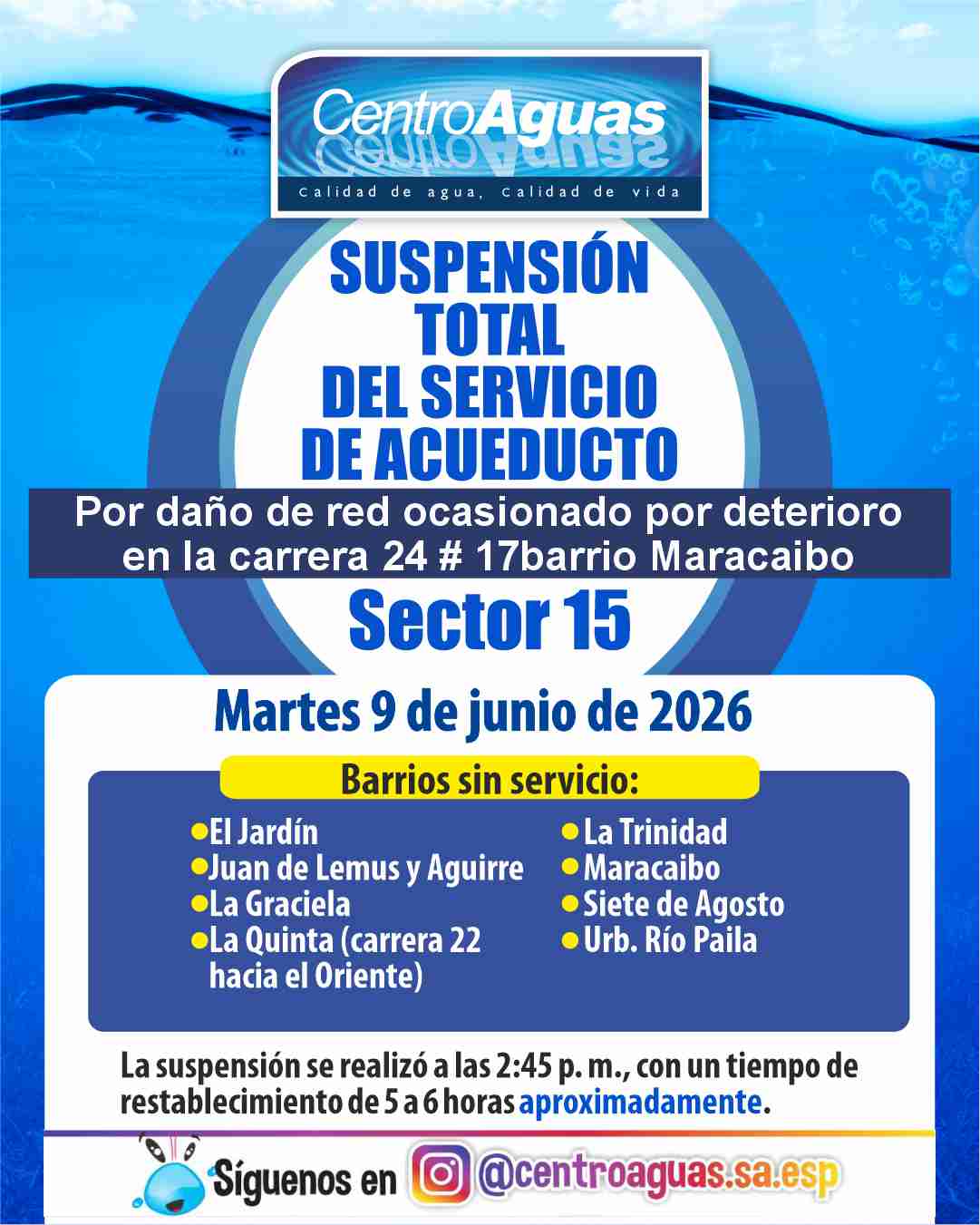 Suspensión Total del servicio de acueducto del sector 15