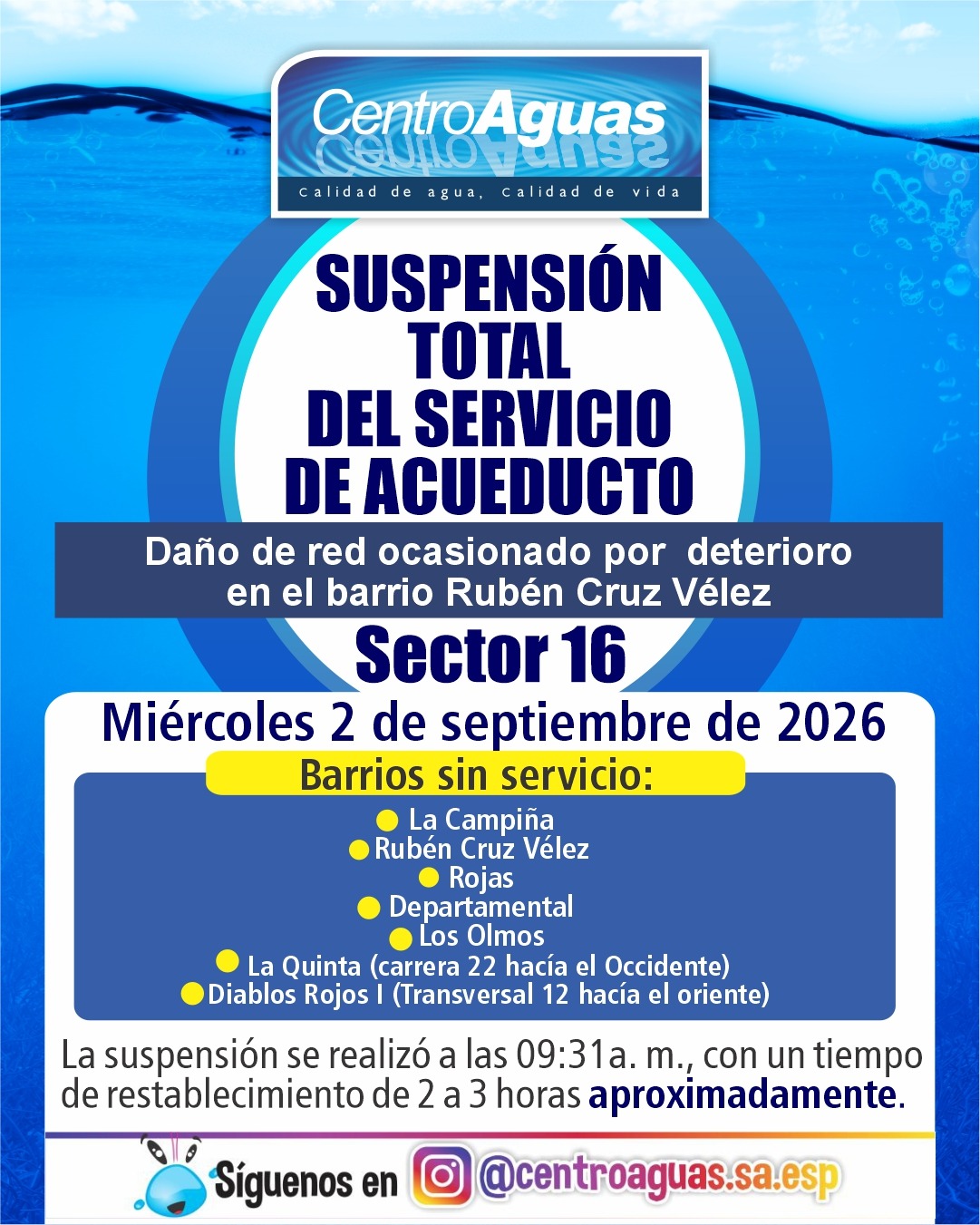 Suspensión total del servicio de acueducto del sector 16