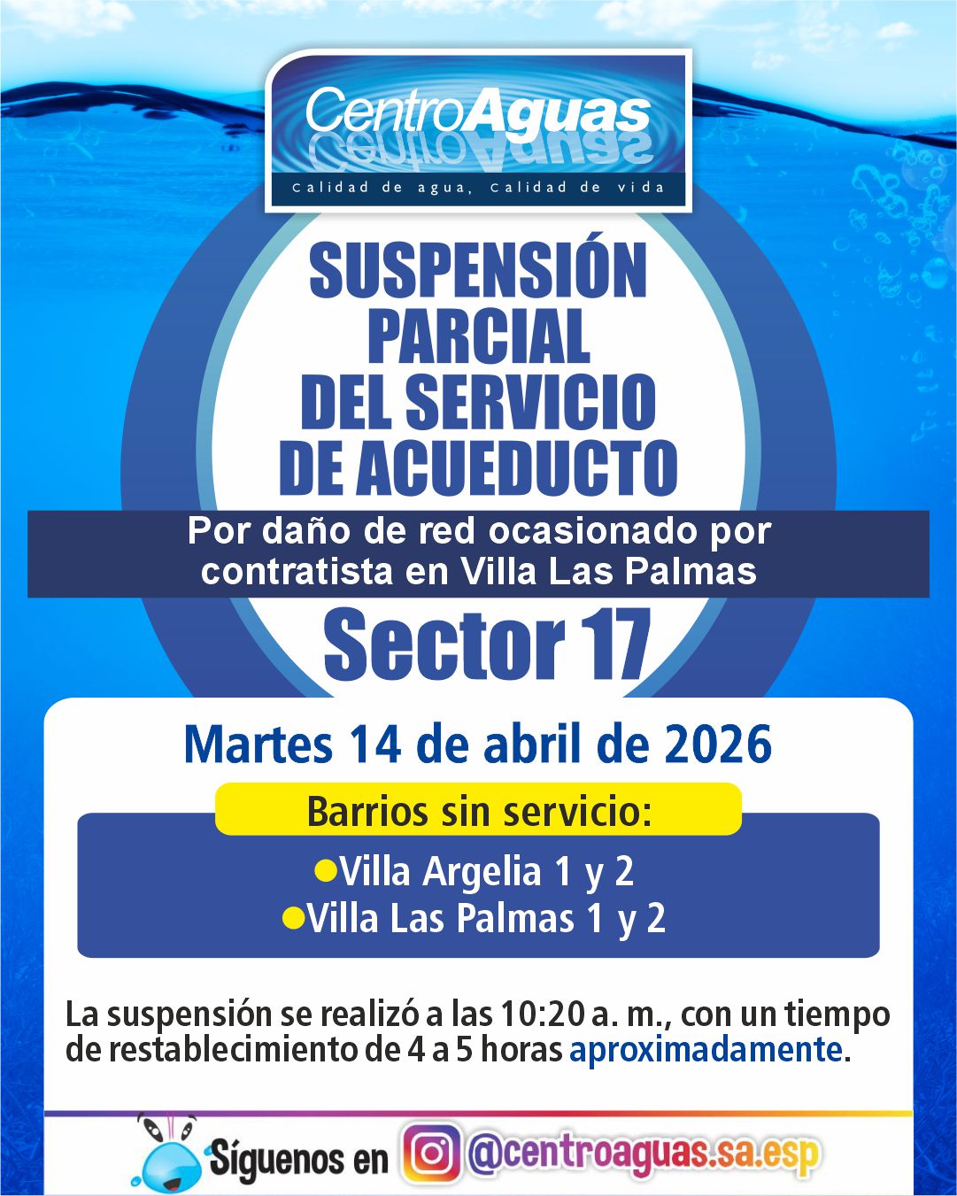 Suspensión parcial del servicio de acueducto del sector 17