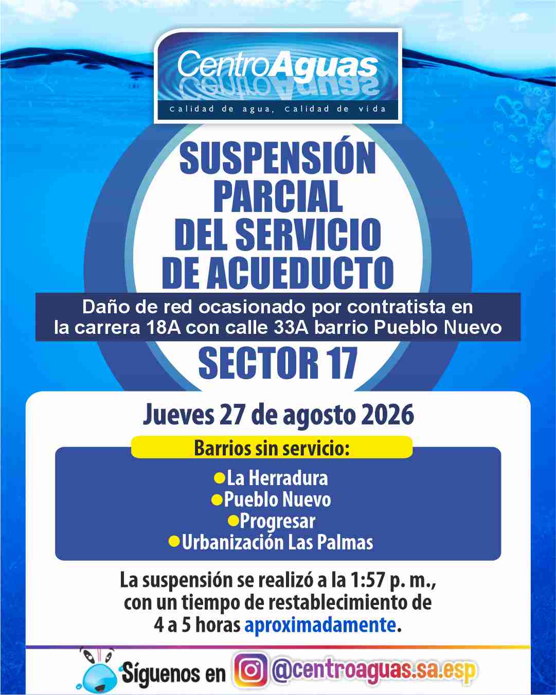 Suspensión parcial del servicio de acueducto del sector 17