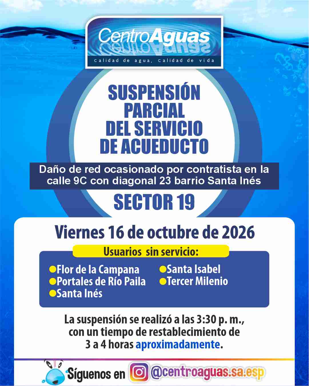 Suspensión parcial del servicio de acueducto del sector 19 