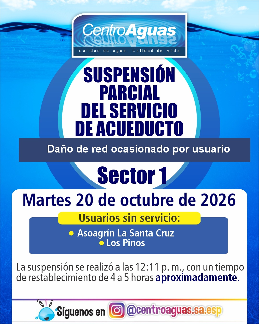Suspensión parcial del servicio de acueducto del sector 1