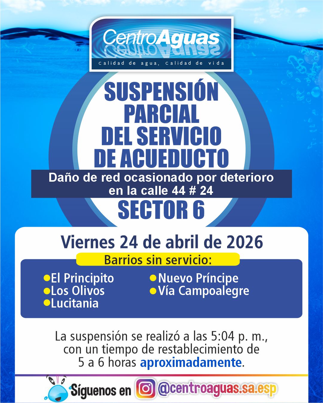 Suspensión parcial del servicio de acueducto del sector 6