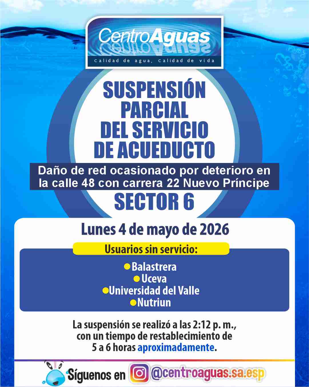 Suspensión parcial del servicio de acueducto del sector 6