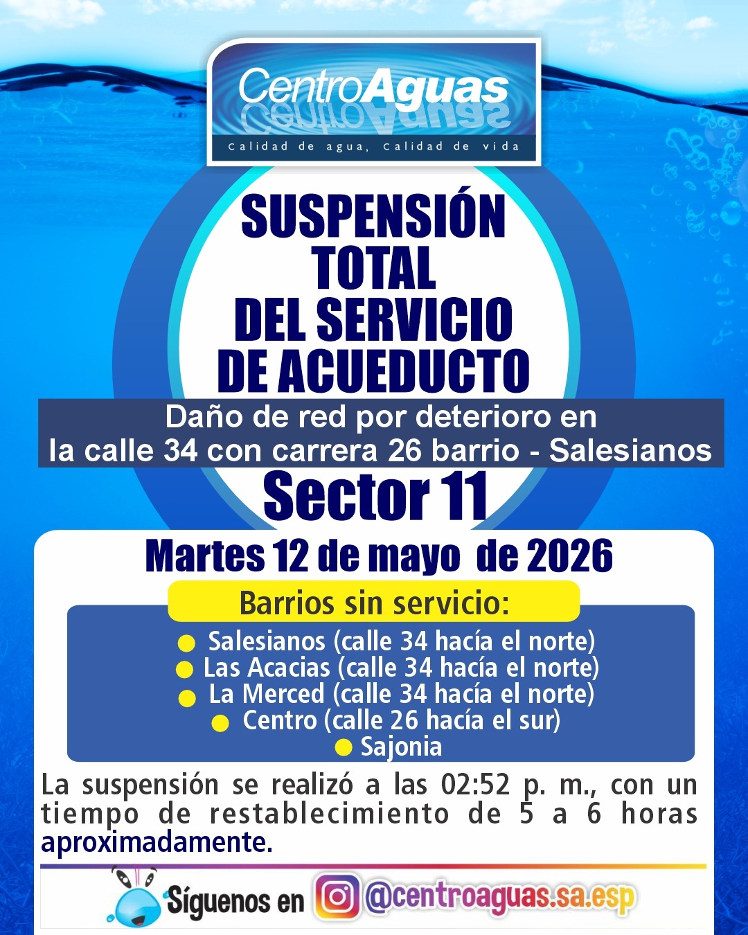 Suspensión total del servicio de acueducto del sector 11