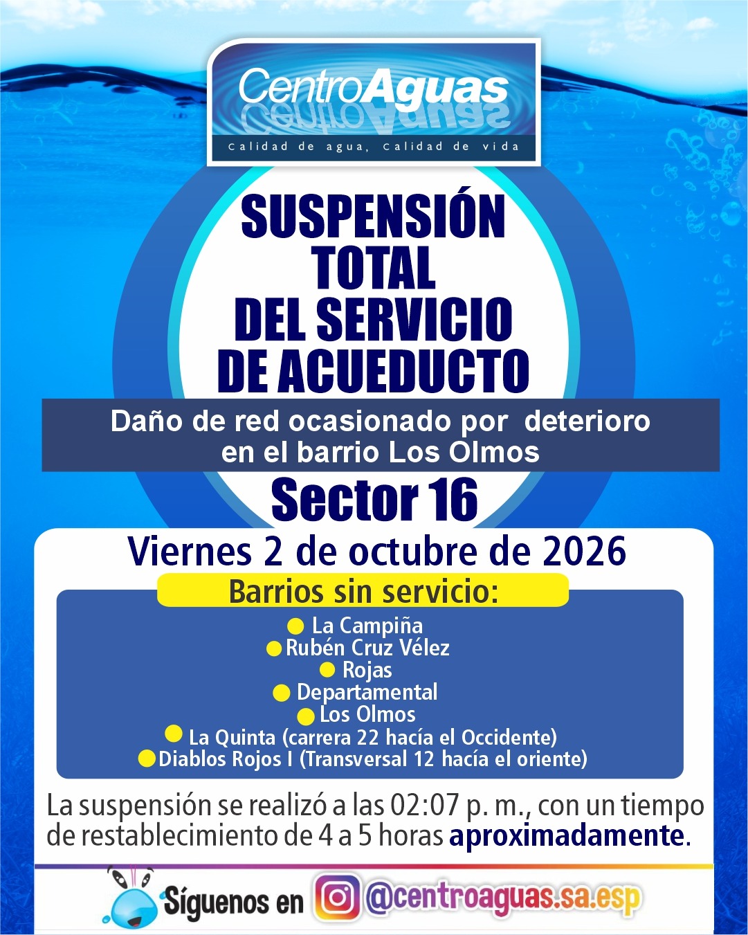 Suspensión total del servicio de acueducto del sector 16 