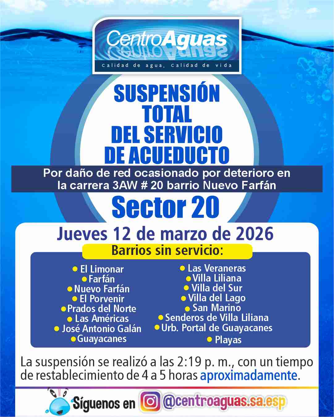 Suspensión total del servicio de acueducto del sector 20