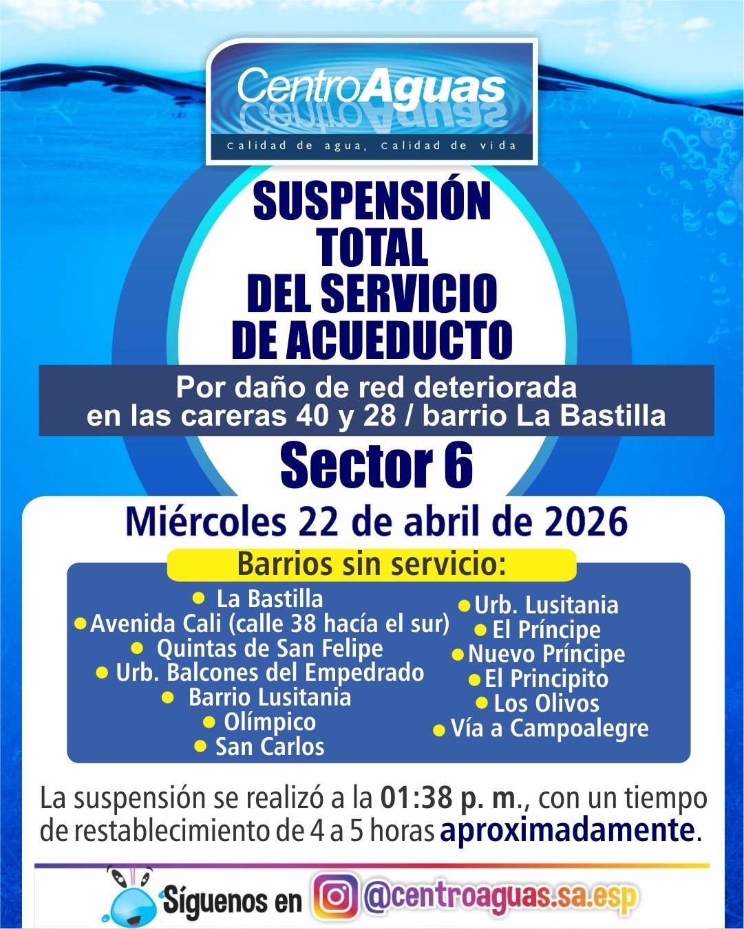 Suspensión total del servicio de acueducto del sector 6