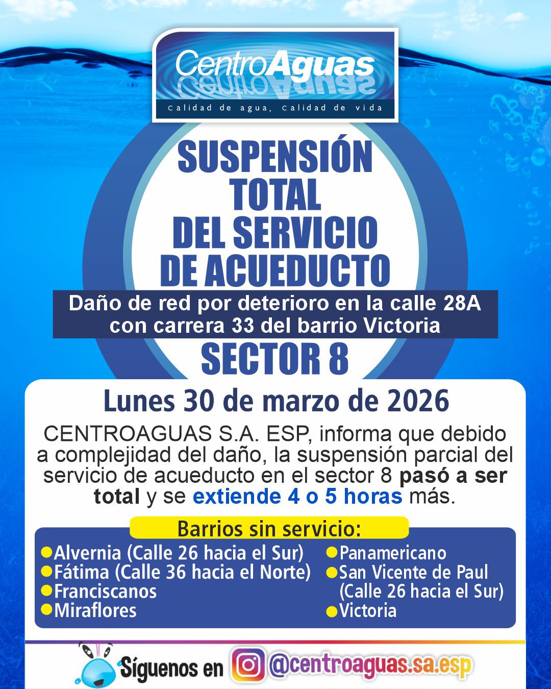 Se extiende suspensión del servicio de acueducto en el sector 8