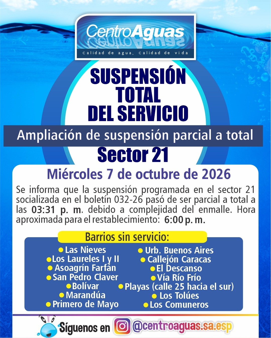 Suspensión parcial del servicio del sector 21 pasa a ser total