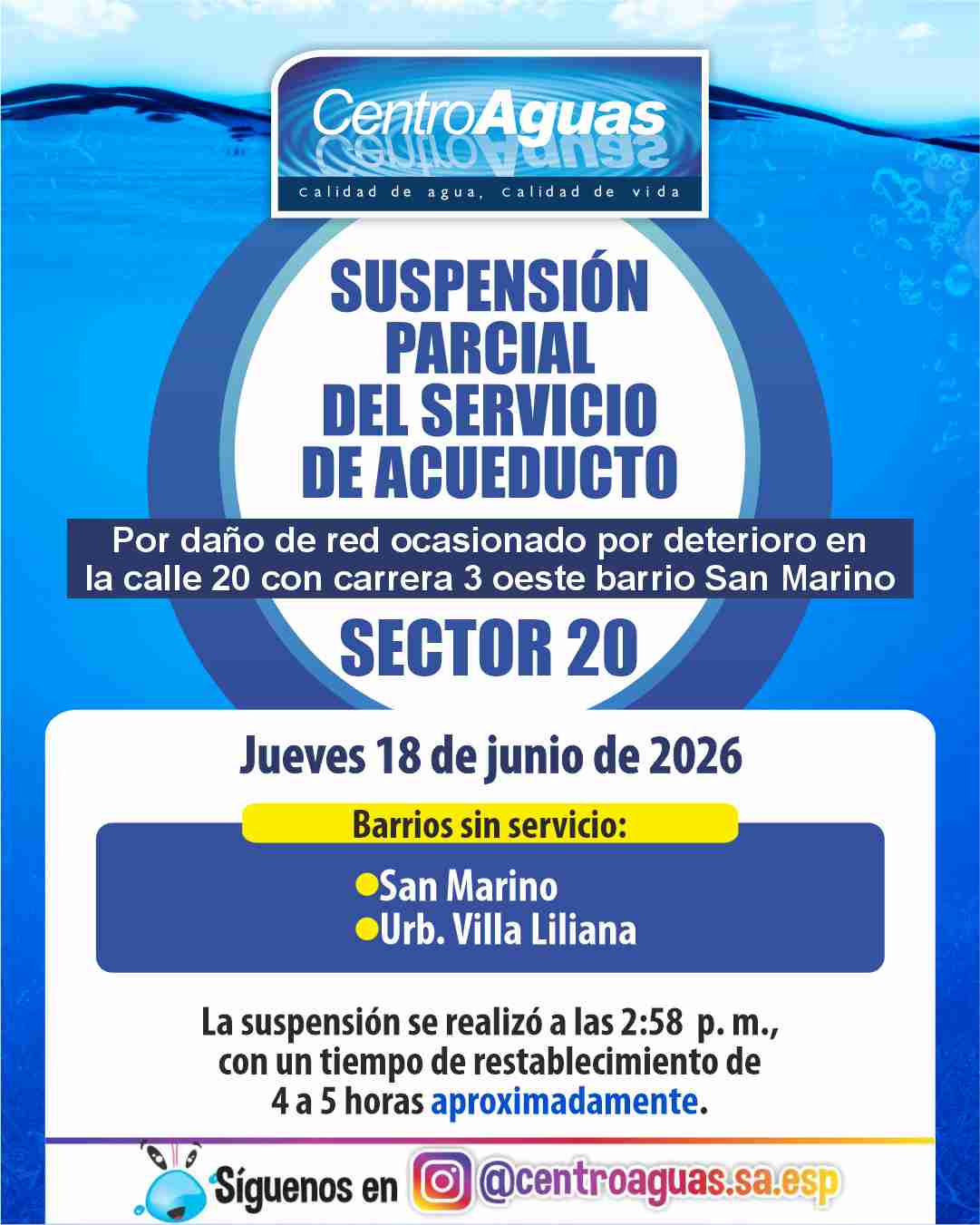 Suspensión parcial del servicio de acueducto del sector 20